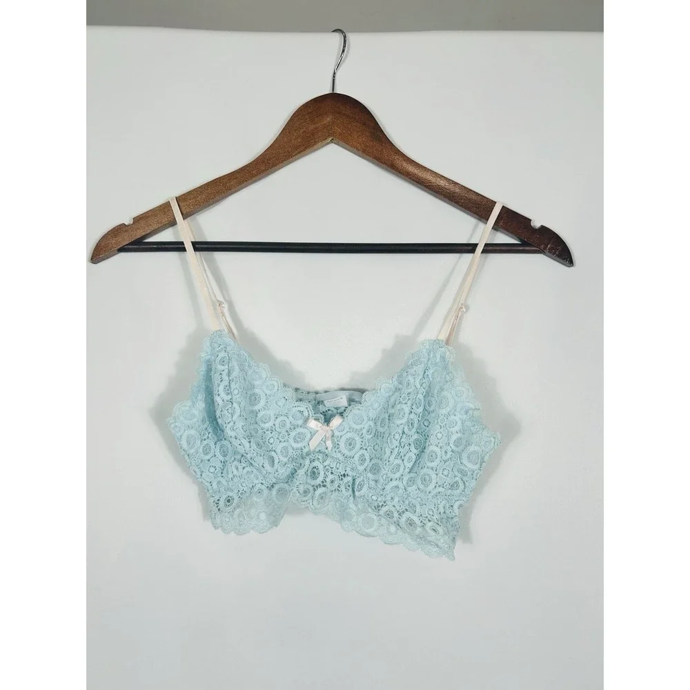 Womens Blue Lace Crop Top Bralette Size M Y2K Fairy Coquette Pink Bow Whimsical